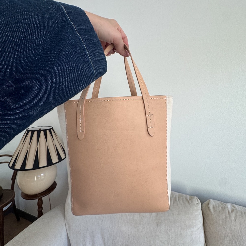GAP Tote Bag Tan Leather Cream Canvas Minimalist Everyday Carryall Handbag